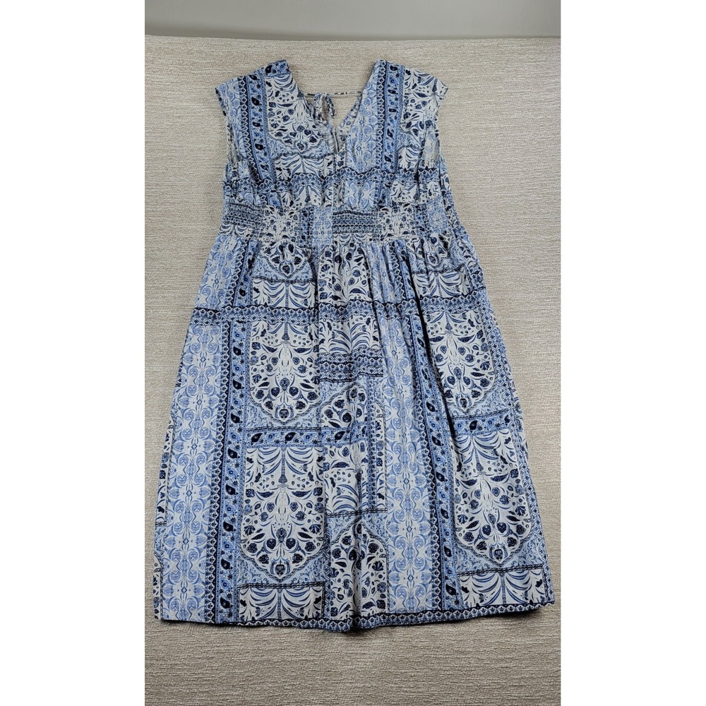 Old Navy Dress 2X Blue White V Neck V Back Tie Smocked Waist Boho Summer Beach - Picture 13 of 14